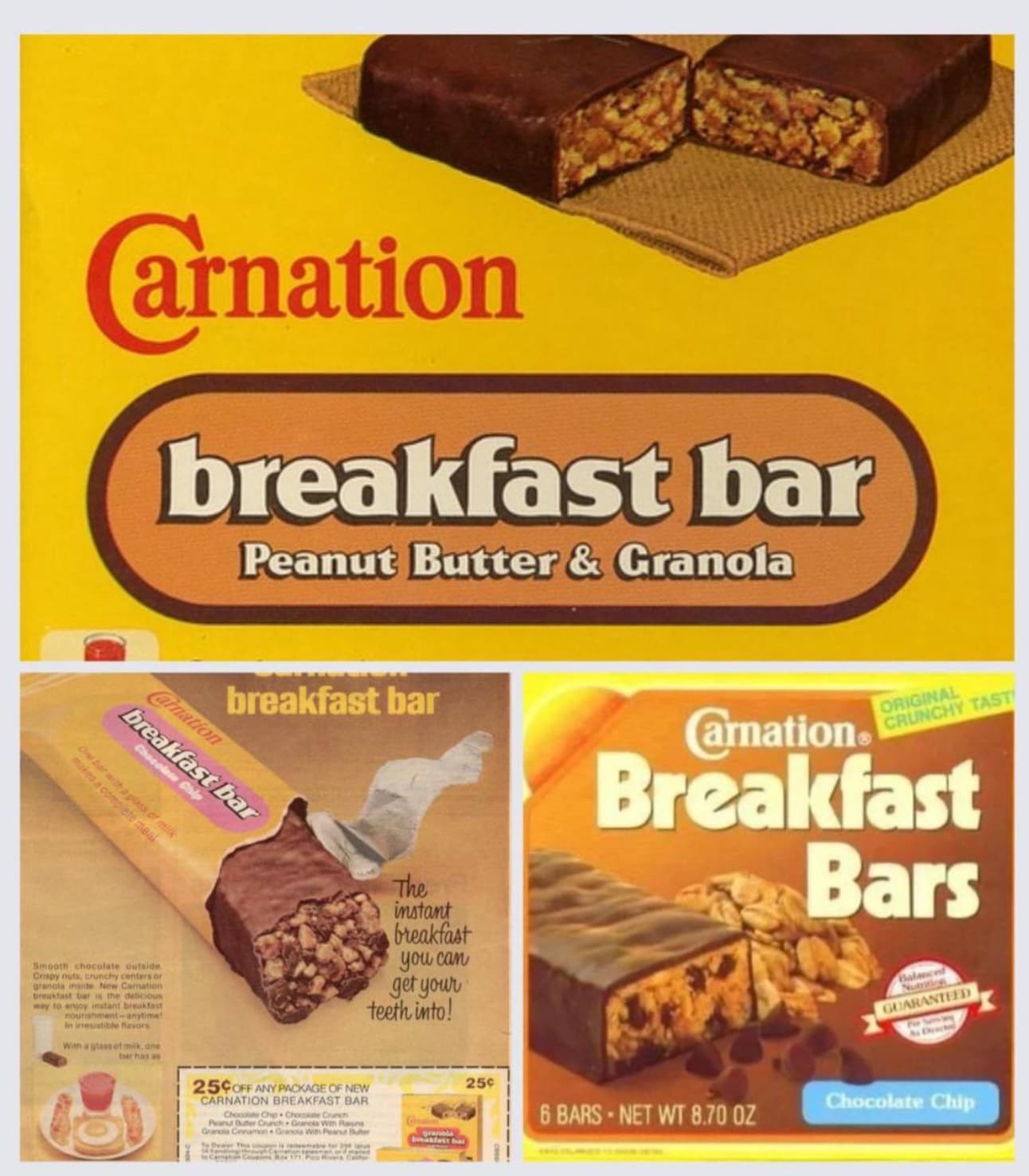 carnation bars - Carnation breakfast bar Peanut Butter & Granola breakfast bar Carnation breakfast bar Chocolate Chip Cnd bar with a glass of milk makes a complete meal Smooth chocolate outside Crispy nuts, crunchy centers or granola inside New Commation 